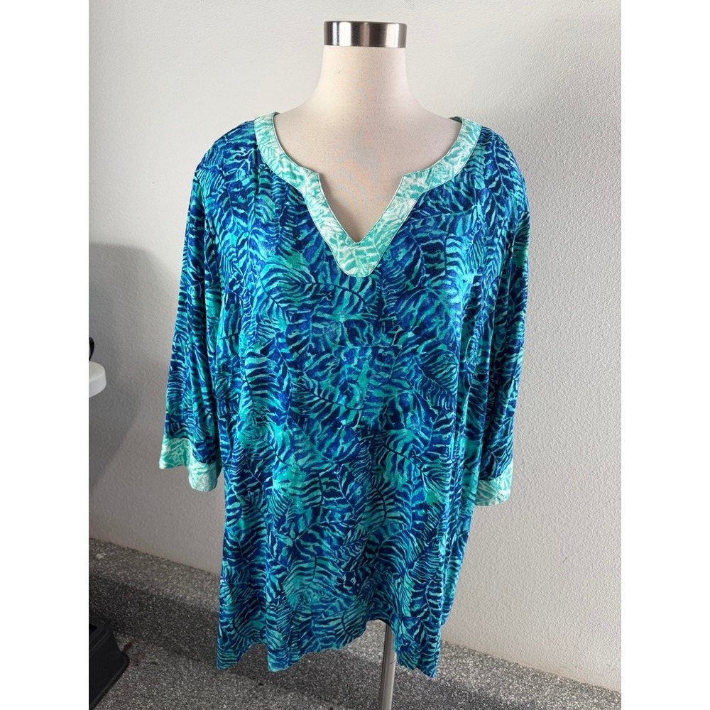 Catherines Womens Plus 2X Blue Green Floral V Neck Rayon 3/4 Sleeve Tunic Top
